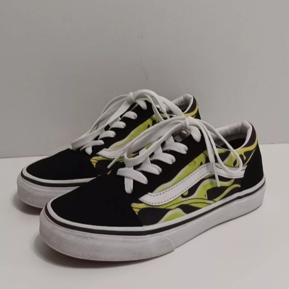 Vans Old Skool Little Kids Size 3.0 Black And True White Slime Green Flame! - Picture 1 of 8